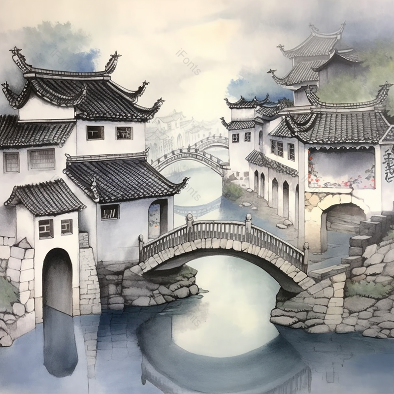 中国风城镇拱桥建筑插画背景,插画/手绘图,插画/手绘图库,插画/手绘图下载,插画/手绘
